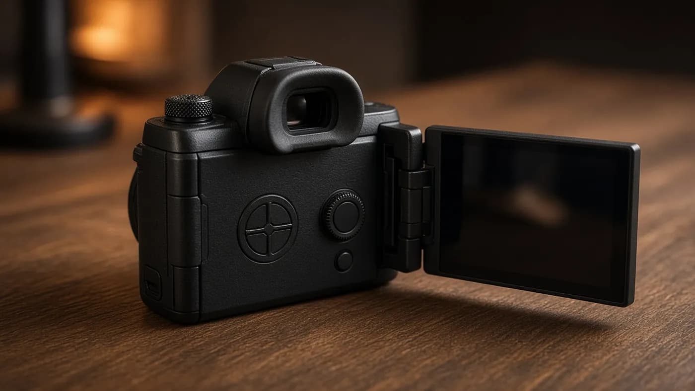 Rear of a compact black mirrorless camera on a wooden desk showing a thumb joystick, control pad, and a side-hinged articulating screen flipped out