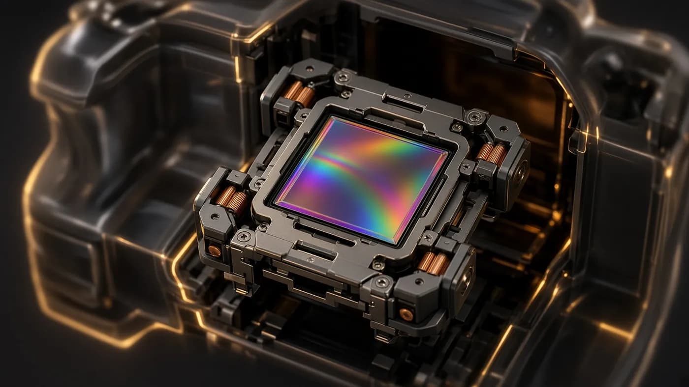 Cutaway concept render of a full-frame sensor floating on a stabilization carriage with small copper coils inside a translucent camera body