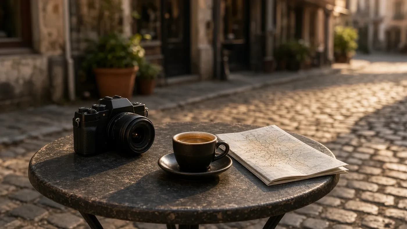 Compact black mirrorless camera with a small lens on a cafe table beside an espresso and a folded map on a sunlit cobblestone street