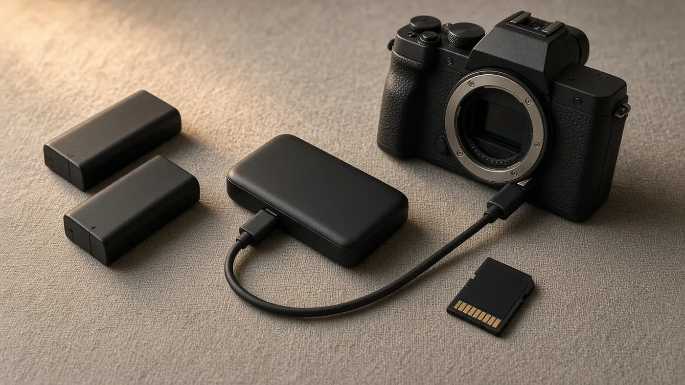 Two small black camera batteries, a pocket USB-C power bank connected to a mirrorless camera, and an SD card on gray linen