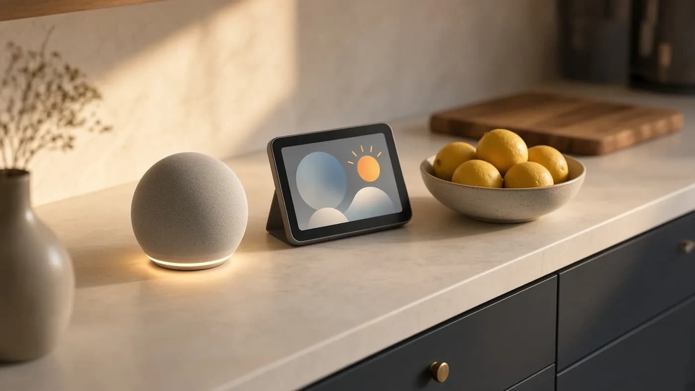 A generic fabric smart speaker with a glowing light ring and a small smart display on a stone kitchen counter in warm morning light