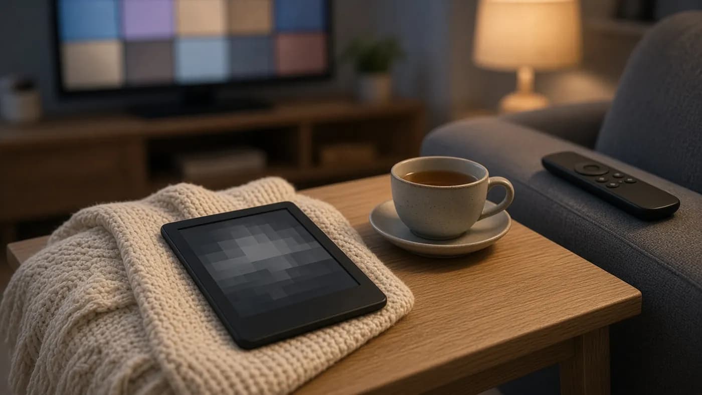 An unbranded e-reader resting on a knitted blanket beside a cup of tea, with a TV and streaming remote softly blurred in the background