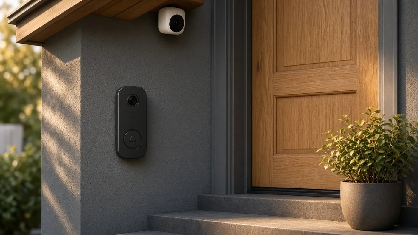 A slim black video doorbell beside a warm oak front door and a small white wireless camera mounted under the eave at golden hour