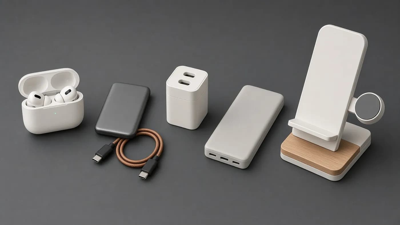 A row of unbranded accessories on a slate surface: wireless earbuds with case, a portable SSD, a compact wall charger, a slim power bank and a 3-in-1 wireless charging stand