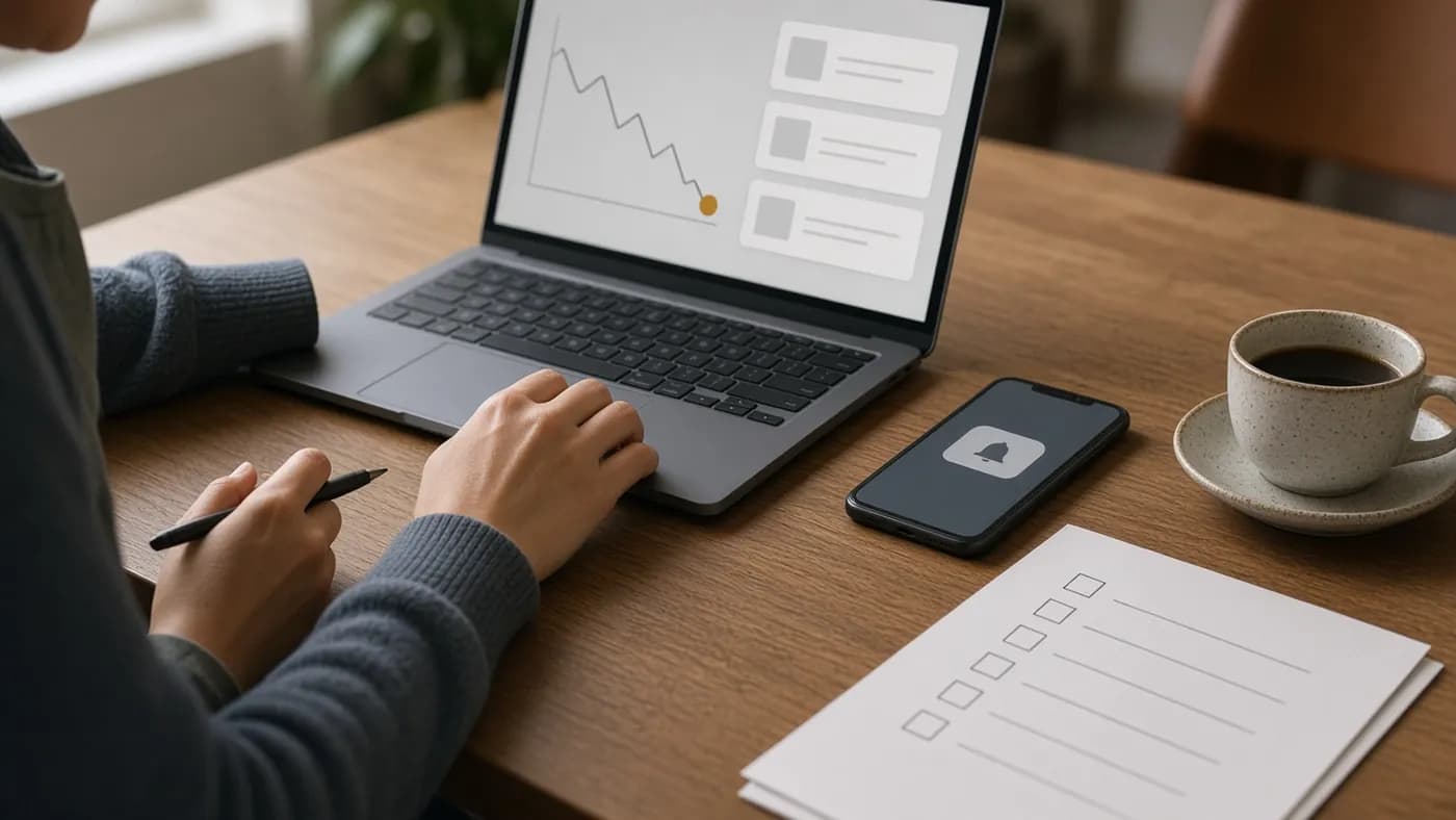 A person at an oak desk with a laptop showing an abstract downward price chart and a phone showing a notification bell, beside a blank checklist