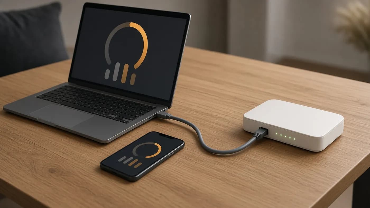 A laptop connected to a white router with a grey Ethernet cable, with a smartphone beside it, both screens showing abstract speed test gauges in amber