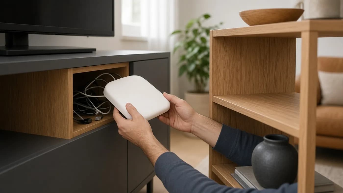 Two hands lifting a white router out of a cramped TV cabinet cubby full of cables toward an open oak shelf in a bright living room