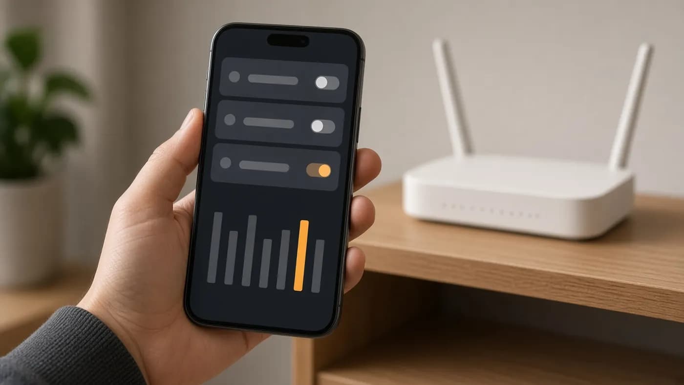 A hand holding a smartphone showing an abstract router app with band toggles and a row of channel bars, one bar highlighted amber, with a white router blurred behind
