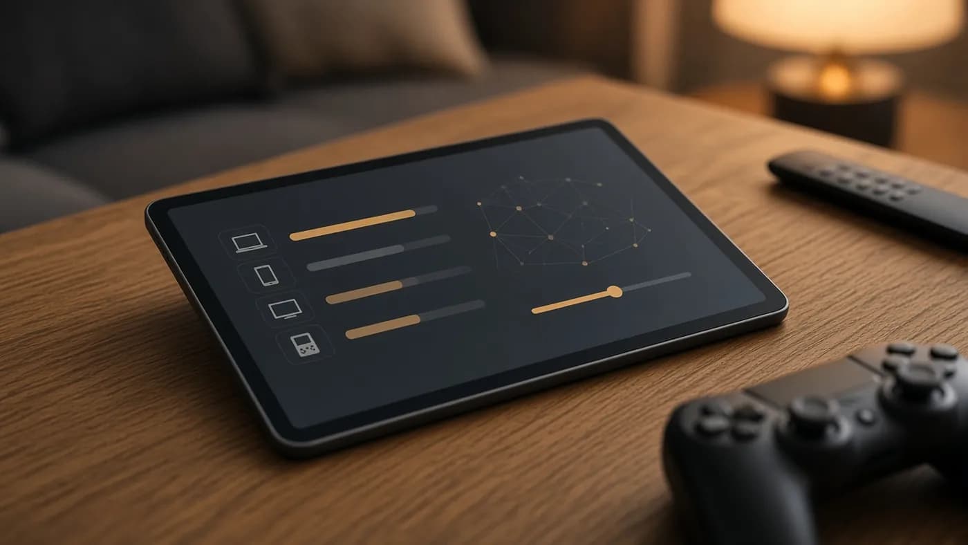 A tablet on an oak coffee table showing an abstract network dashboard with device icons and usage bars, the longest in amber, next to a game controller and TV remote