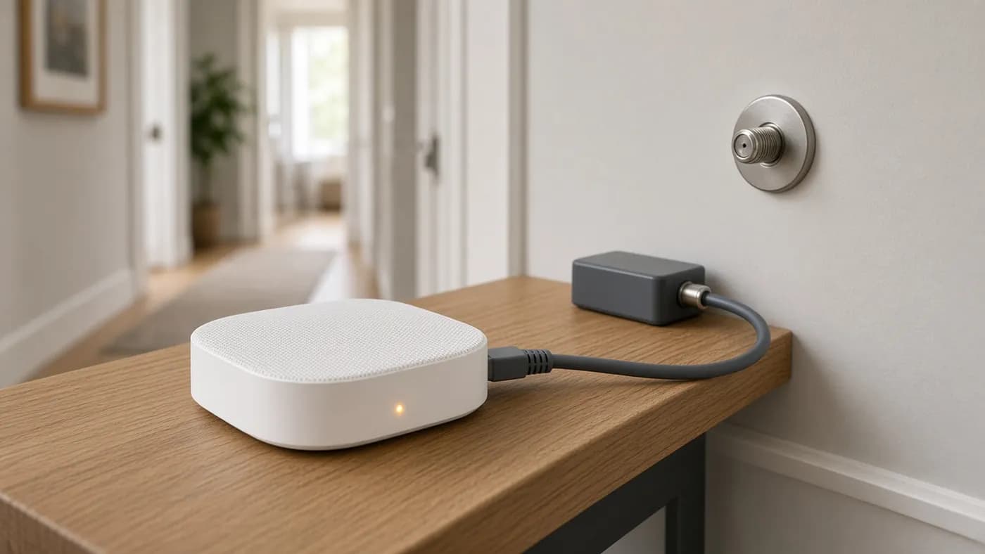 A white mesh Wi-Fi node on a hallway console table, connected by a grey Ethernet cable to a small coax network adapter beside a wall coaxial outlet
