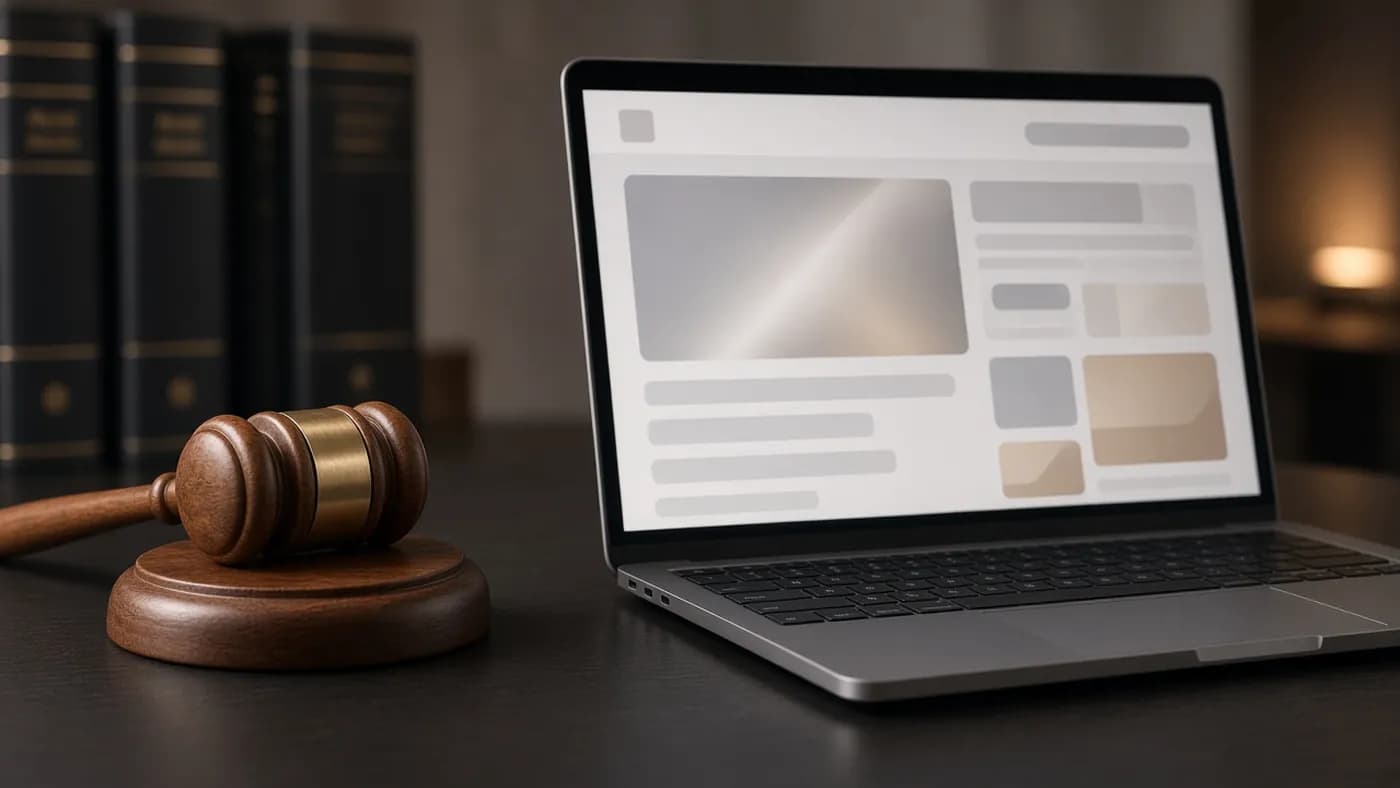A wooden gavel on a dark desk beside an open laptop showing an abstract web page layout with article blocks and ad placeholders