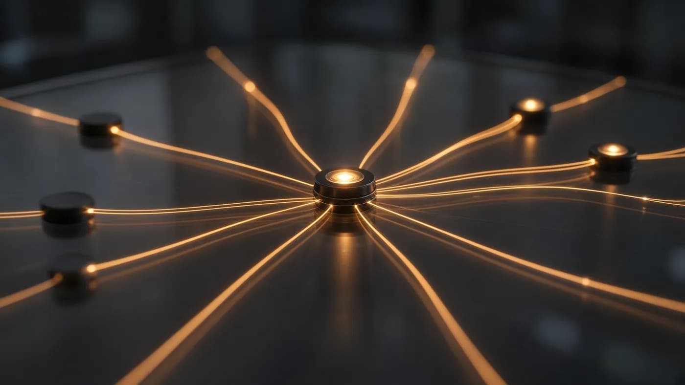 A dark glass surface with glowing amber light paths converging on a central node, with a few paths routed to smaller side nodes, evoking an ad auction