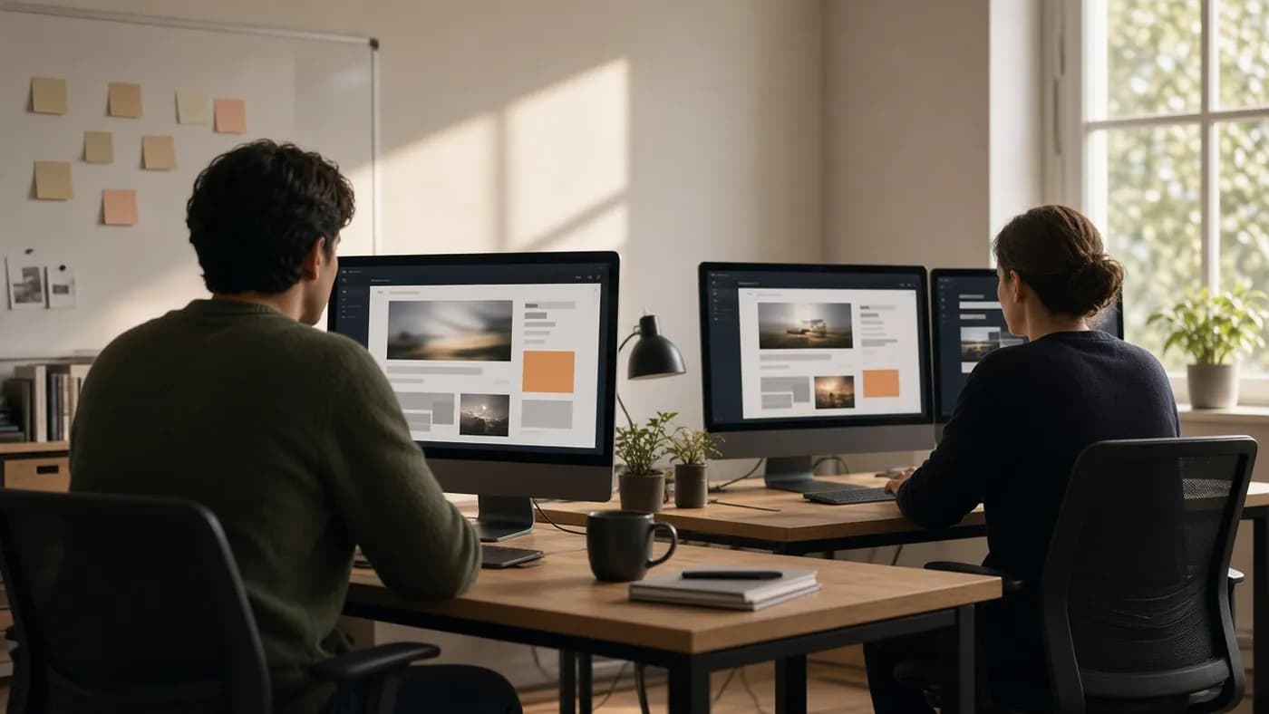 Two editors at desks in a sunlit small newsroom, their monitors showing abstract web page layouts with image blocks and rectangular ad slots