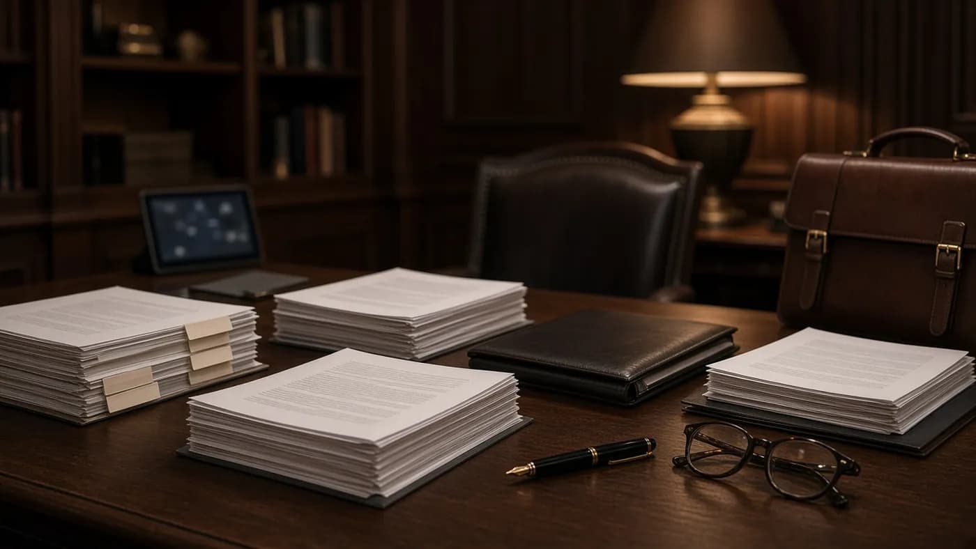 A wood-paneled law office at night with stacks of tabbed legal filings, a leather briefcase, a fountain pen and reading glasses on a conference table