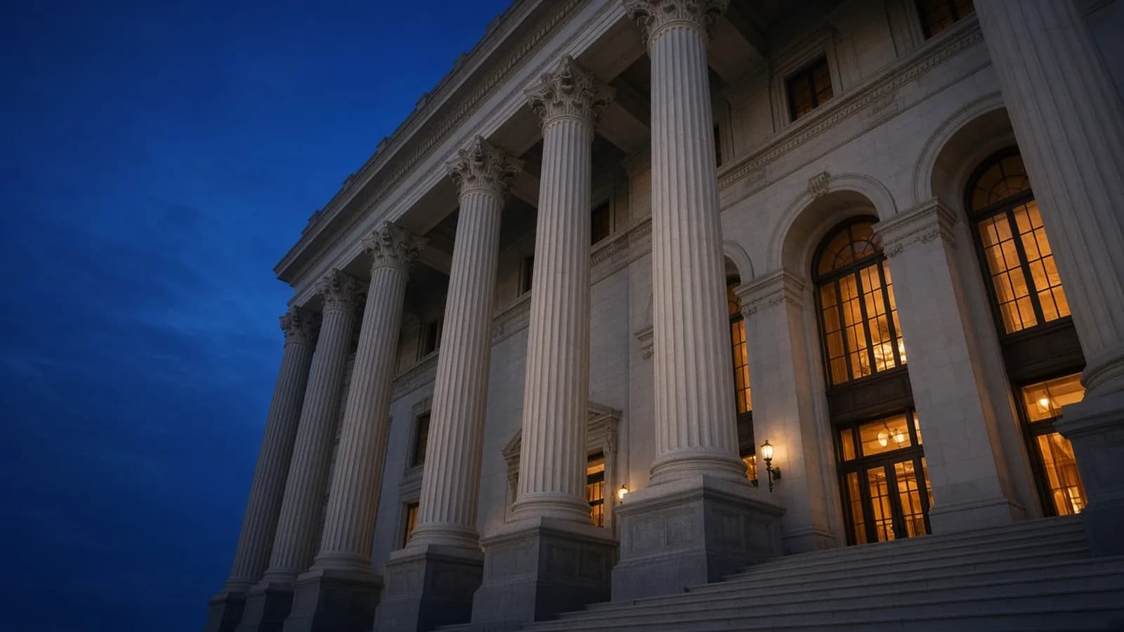 Low-angle view of the stone columns and lit arched windows of a classical courthouse at dusk against a deep blue sky
