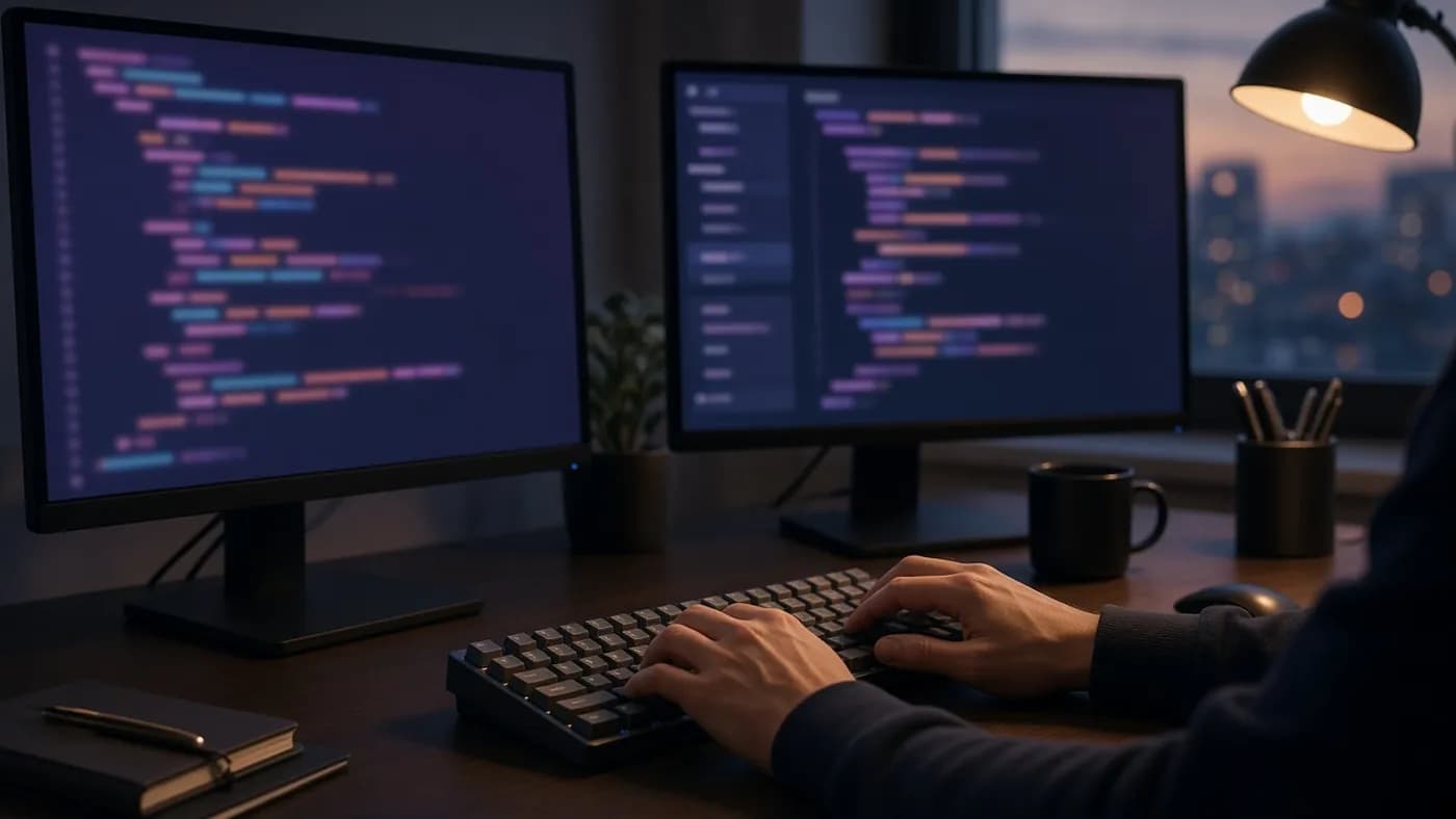 A developer typing at a keyboard in front of two monitors filled with abstract colored code-like lines at dusk