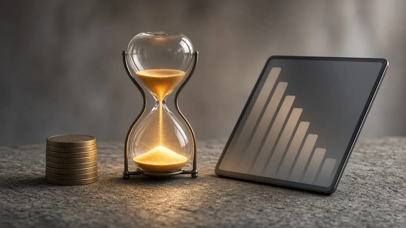 A stack of coins beside a glowing hourglass and a tablet showing descending abstract bars on a stone surface