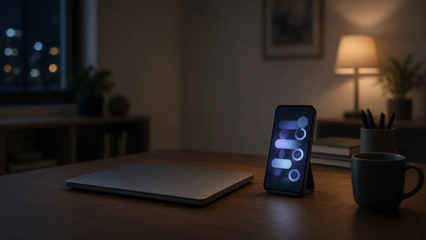 A dim home office at night with a closed laptop and a phone on a stand showing abstract task cards and progress rings