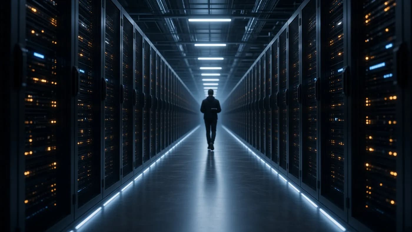 A long data center aisle lined with server racks and amber indicator lights, a lone figure walking in the distance