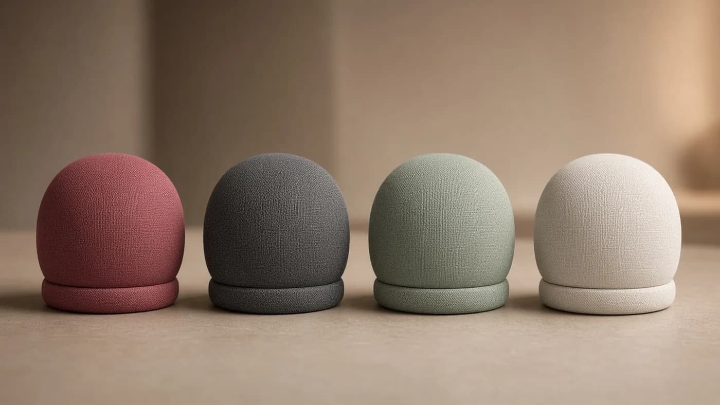 Four compact fabric-wrapped spherical smart speakers in a row in muted red, dark gray, sage green, and off-white