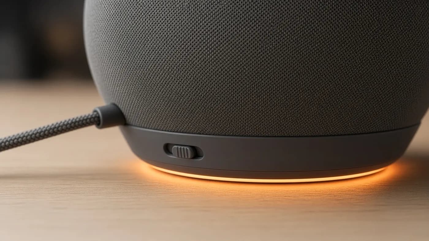 Close-up of a dark gray fabric speaker's base showing a small slide switch near a braided cable and an orange glow beneath it