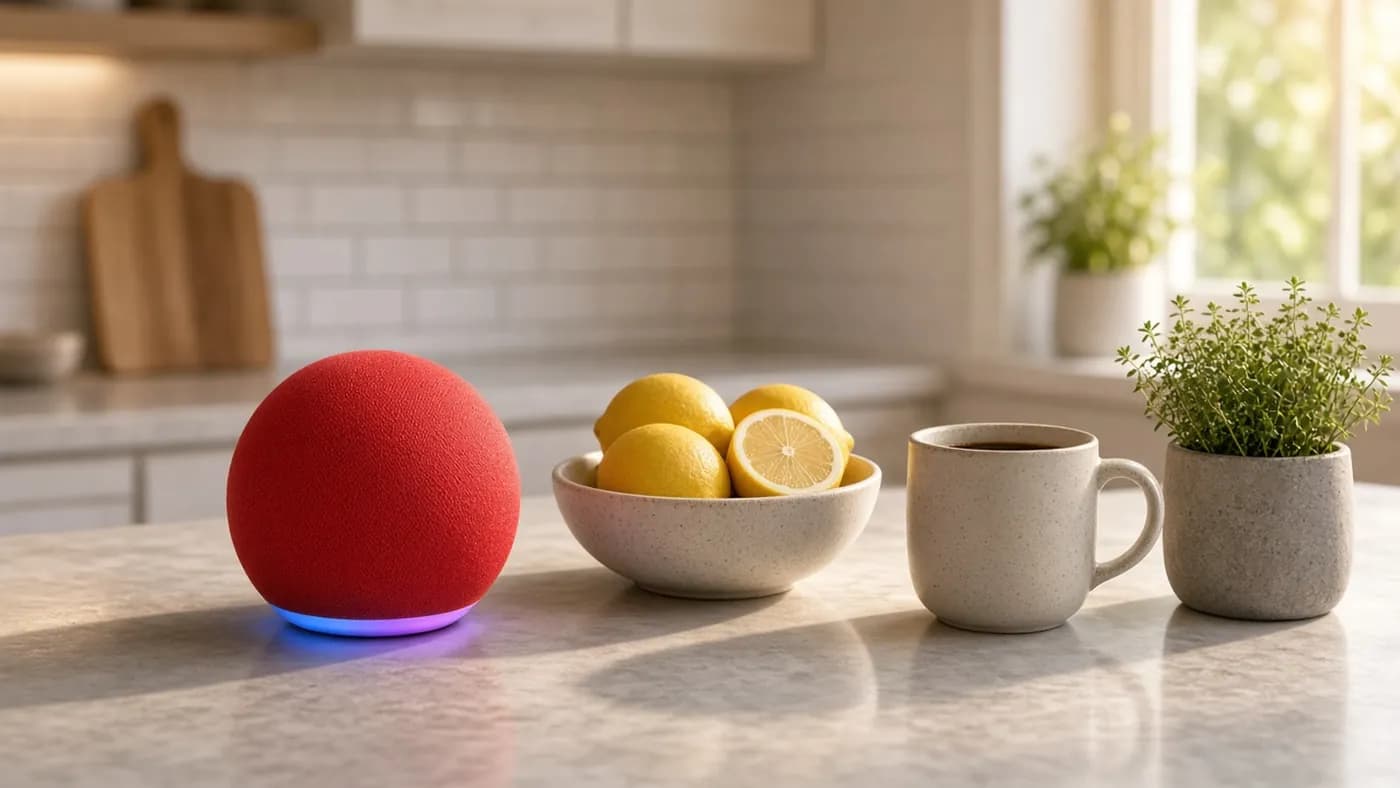 A red fabric-wrapped spherical smart speaker with a blue and purple underglow on a sunny kitchen counter beside lemons, a mug, and an herb pot