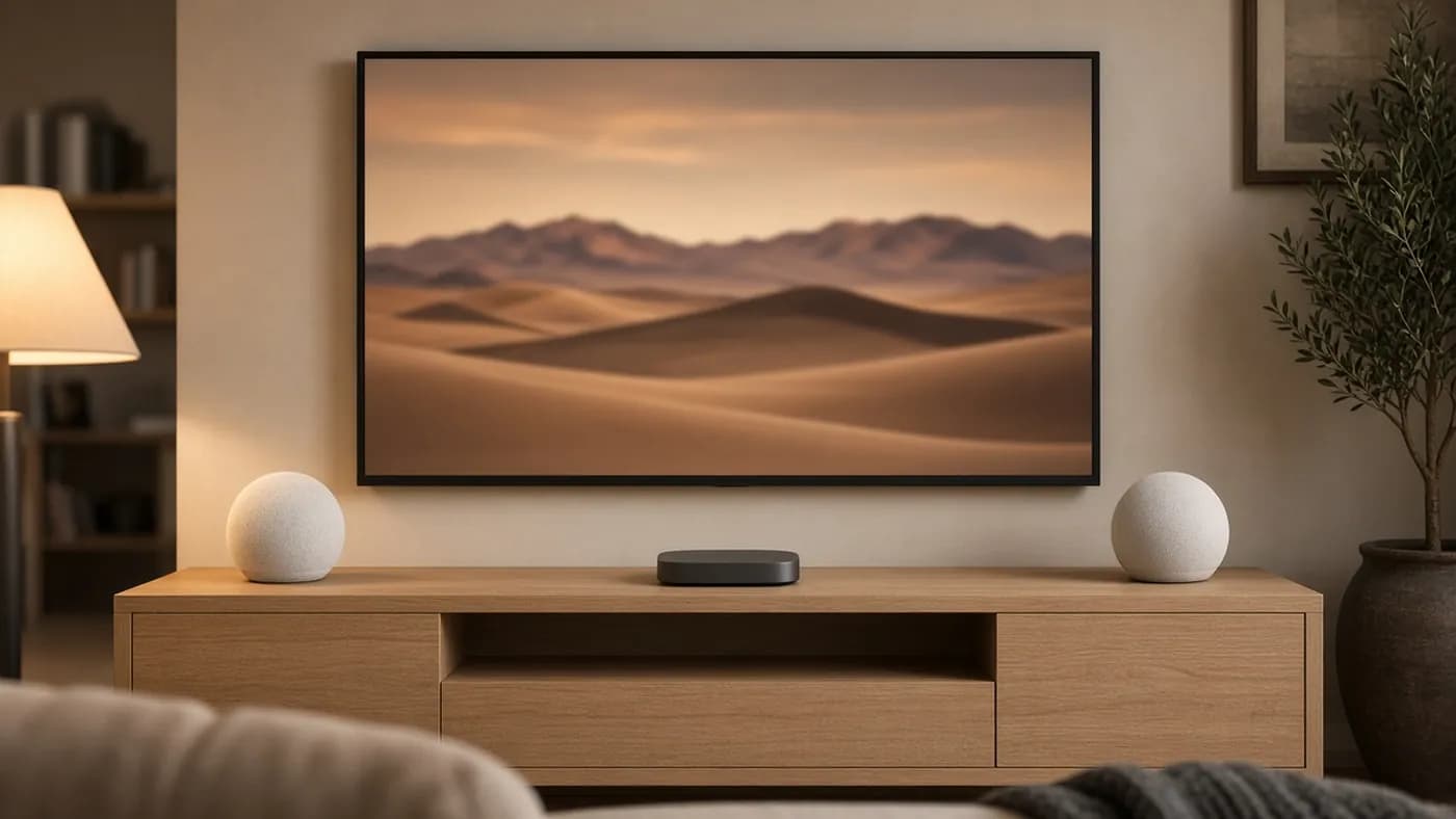 Two small off-white fabric speakers on either end of an oak media console beneath a large TV, with a small streaming box between them