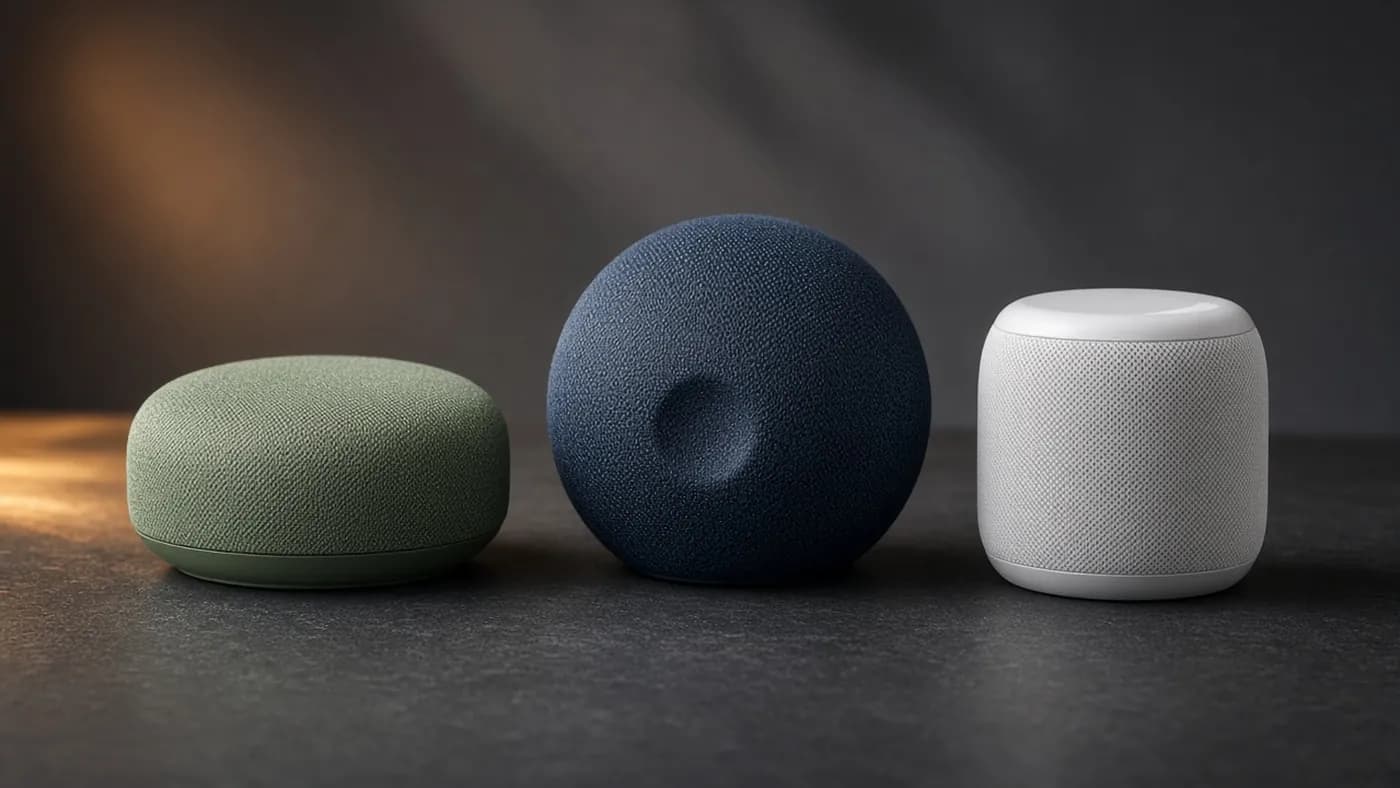 Three unbranded compact smart speakers on dark slate: a squat sage green fabric puck, a navy fabric sphere, and a white mesh cylinder