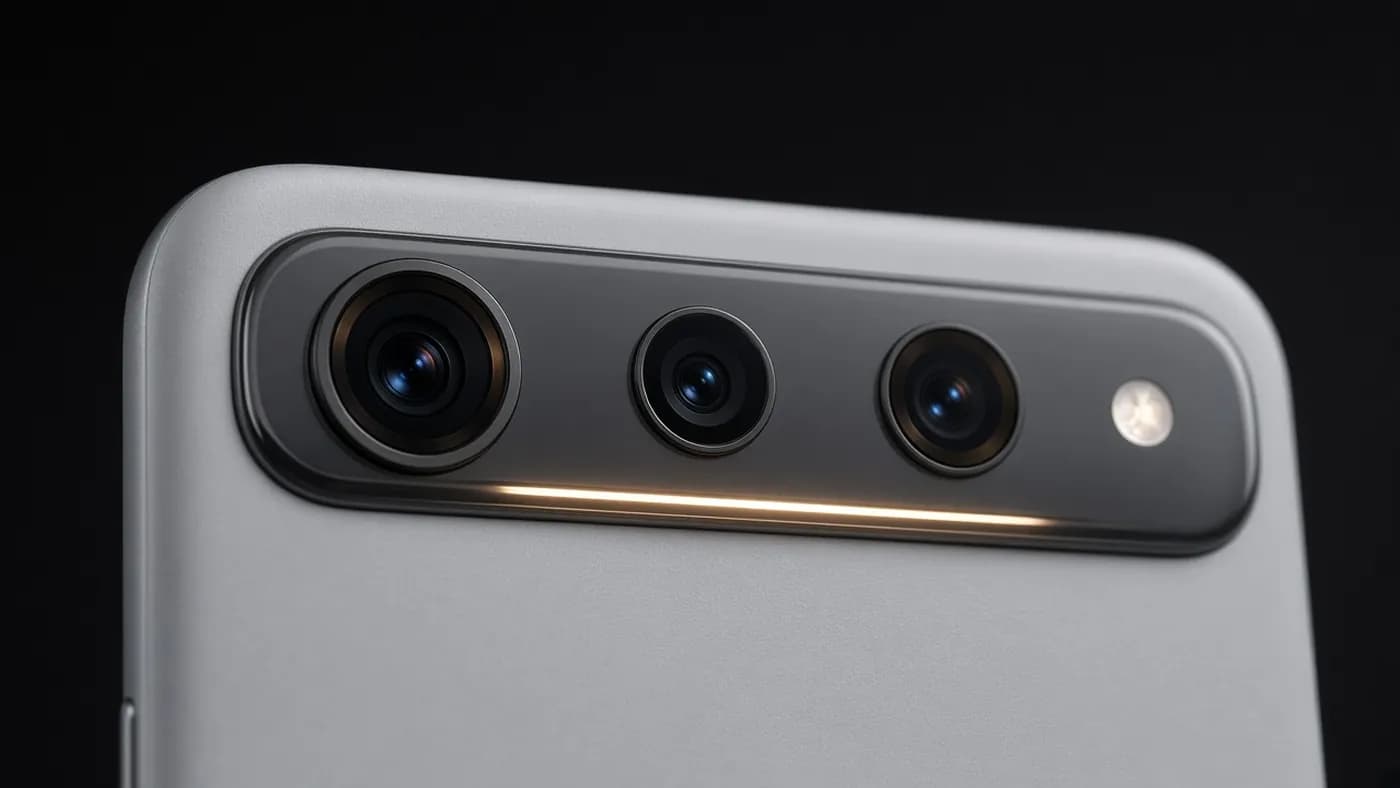 Close-up of a horizontal glass camera bar with three lenses, a flash, and a softly glowing light strip on a gray phone
