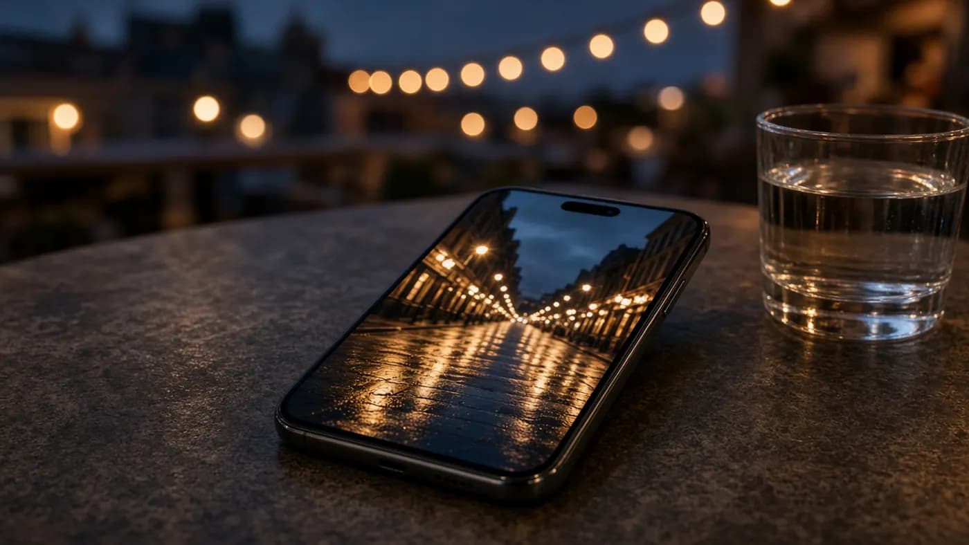Compact smartphone on an outdoor cafe table at dusk displaying a crisp night photo of a lit city street