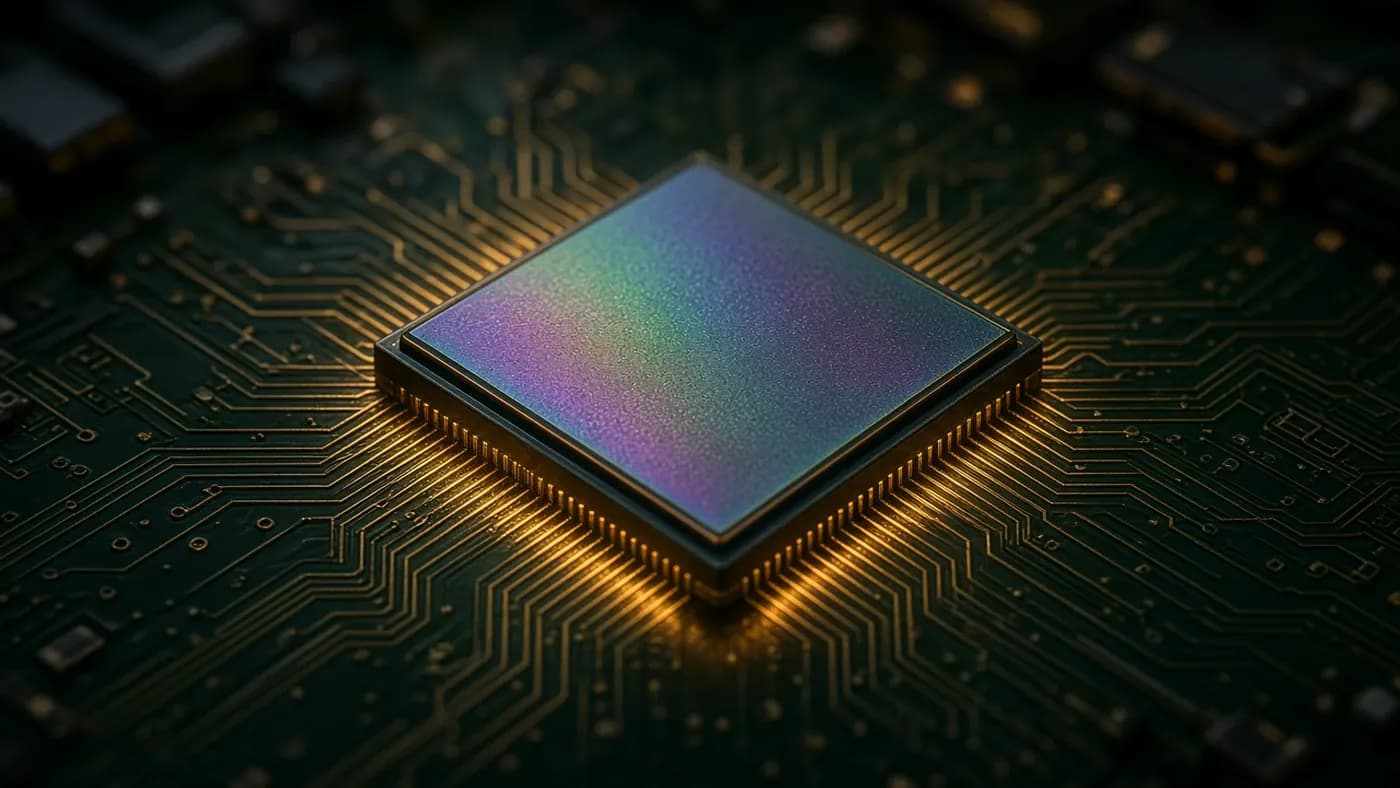 Concept render of an iridescent square processor chip on a dark green circuit board with glowing gold traces