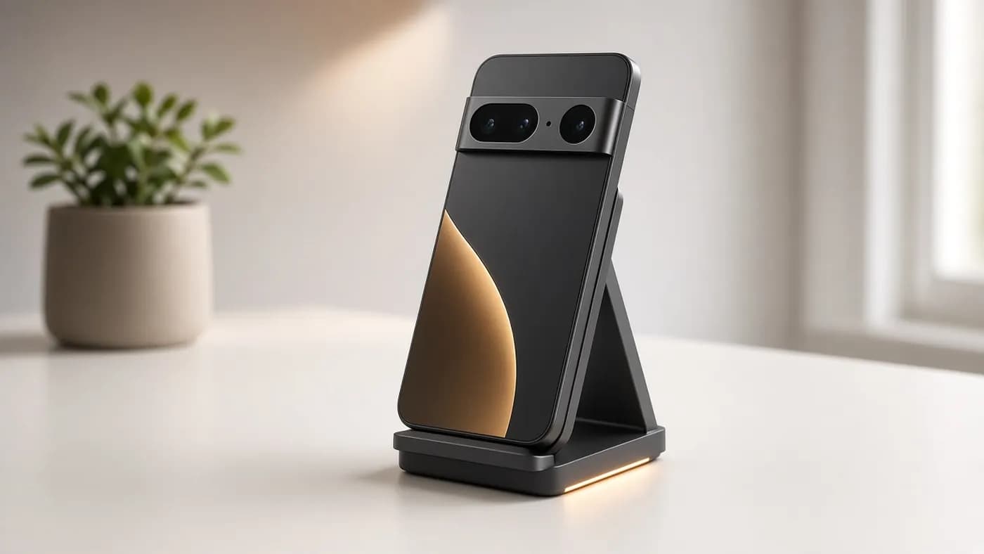 Smartphone with a horizontal camera bar resting on an angled wireless charging stand on a white desk