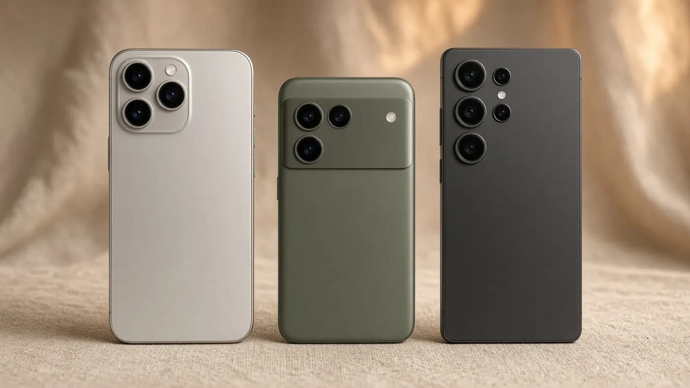Three flagship phones standing side by side on linen: a silver phone with a square camera plateau, an olive phone with a camera bar, and a graphite phone with vertical lenses