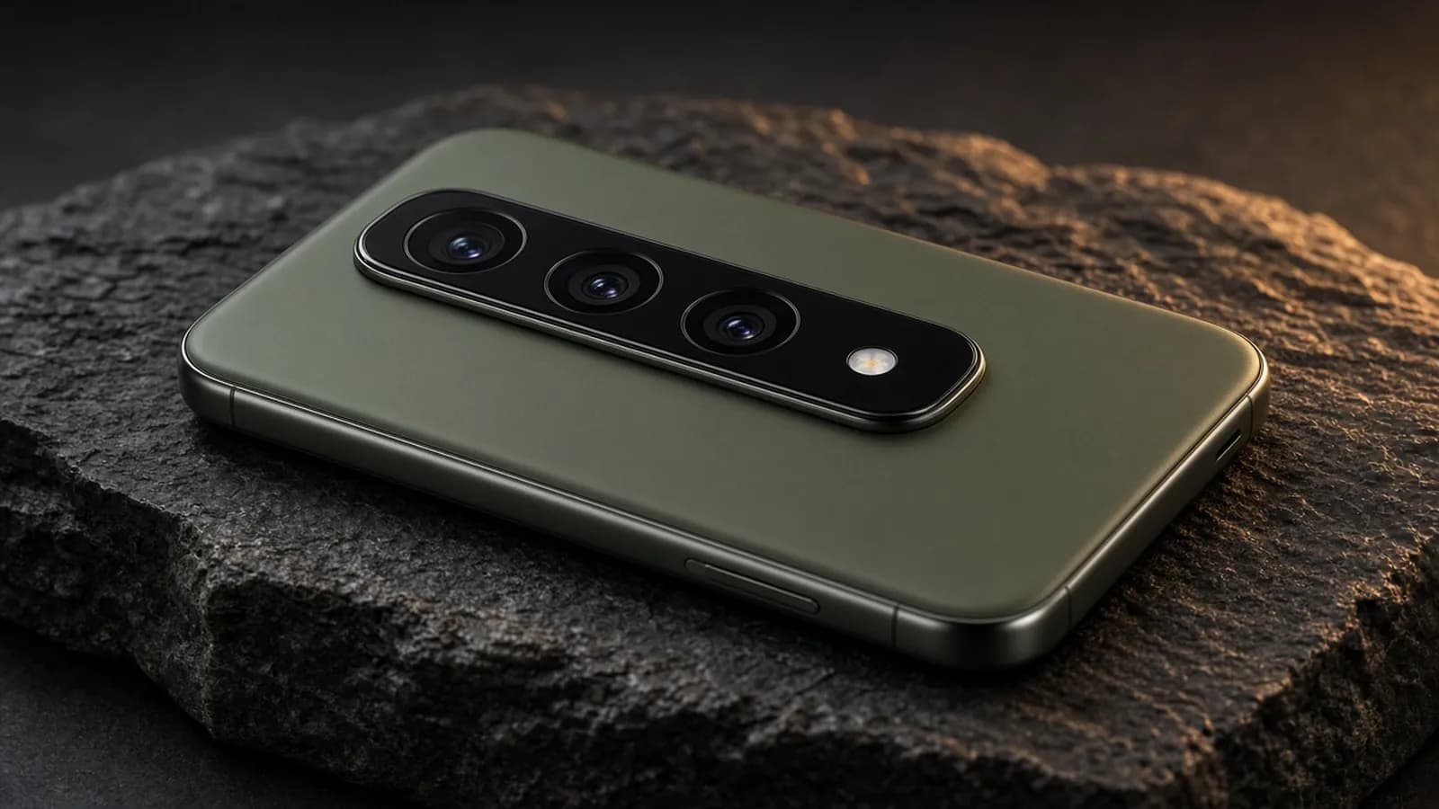 Olive green smartphone with a full-width black glass camera bar lying on a dark charcoal stone