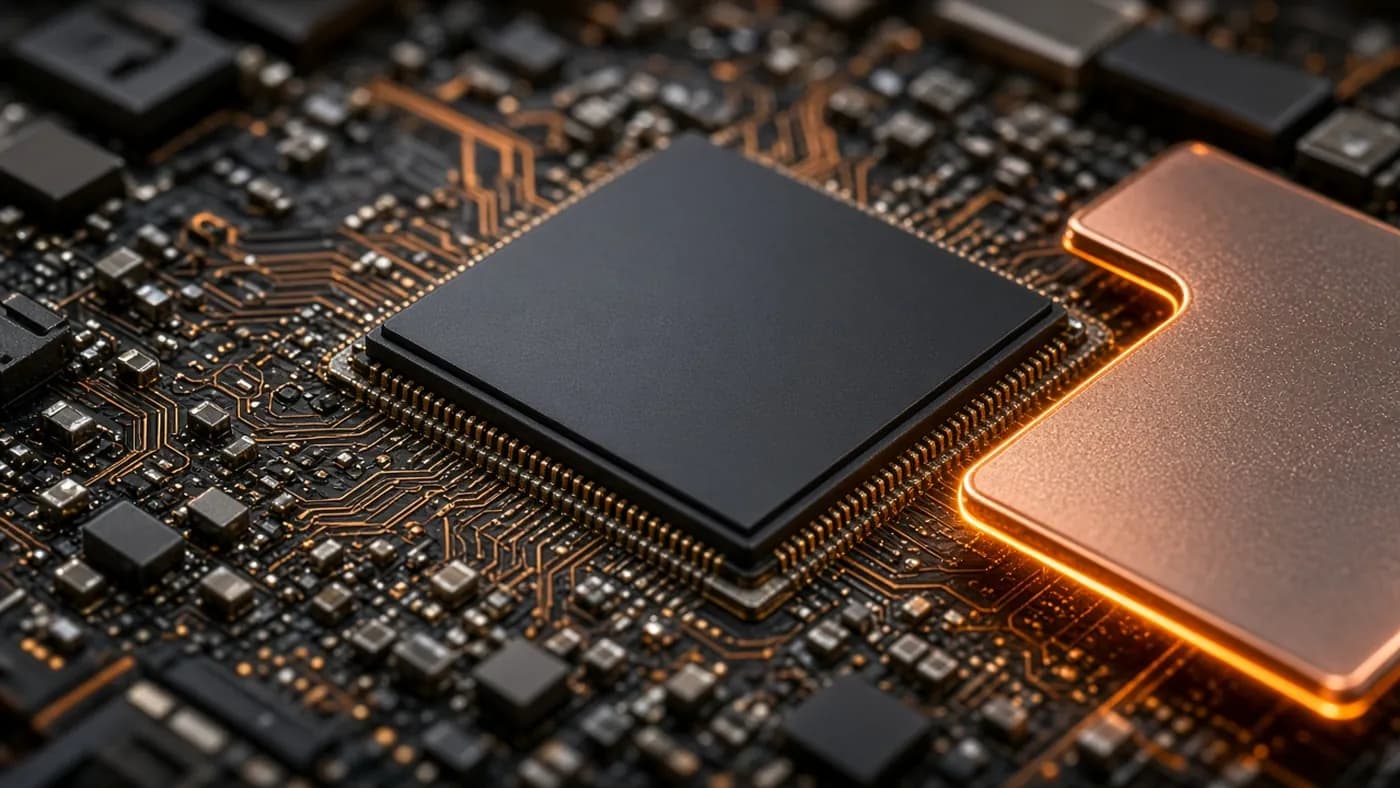 Macro view of a blank, unmarked mobile processor on a dense circuit board with a copper cooling plate glowing beside it