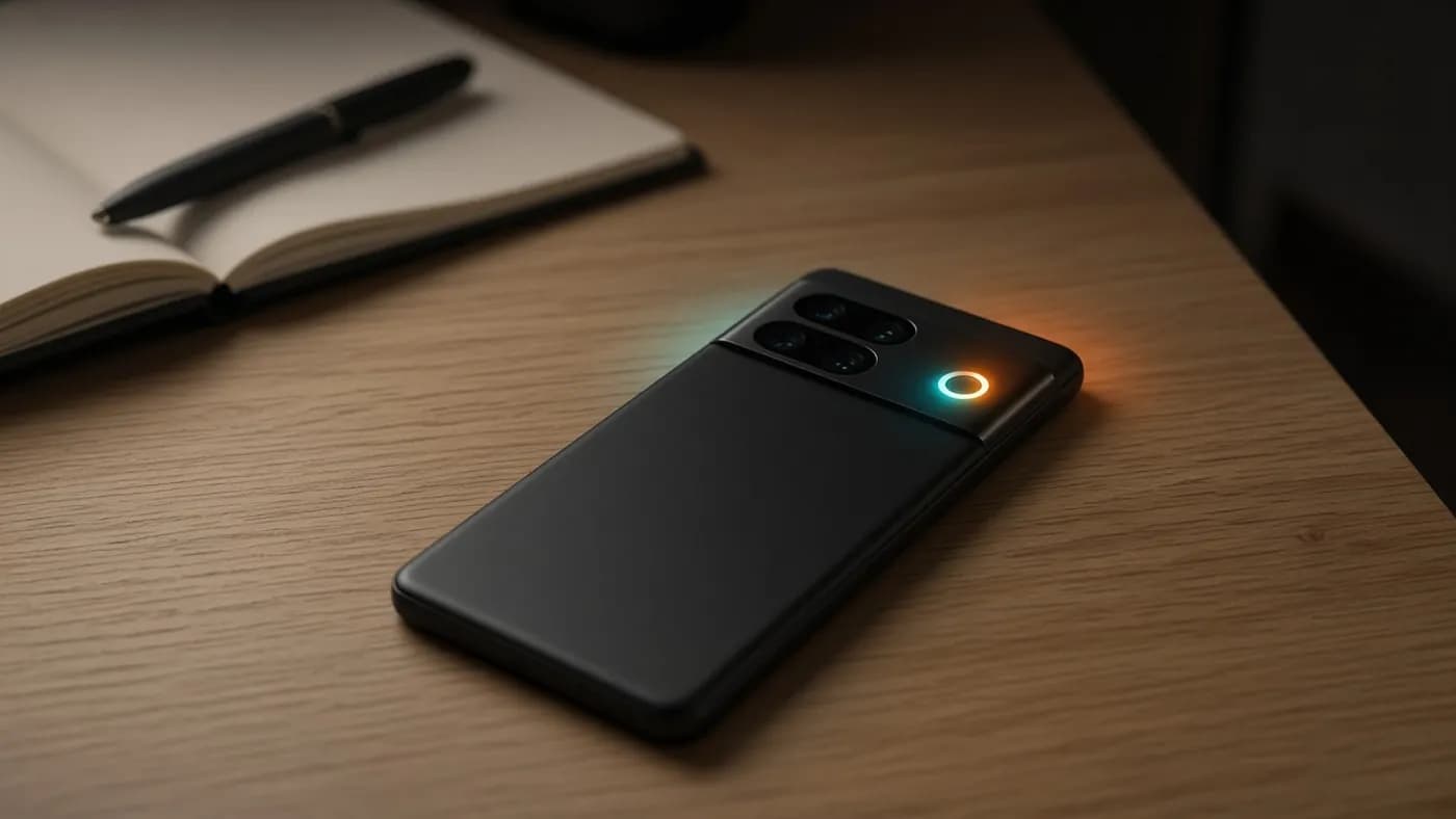 A matte black smartphone lying face down on a wooden desk with a soft colored ring of light glowing around the camera flash