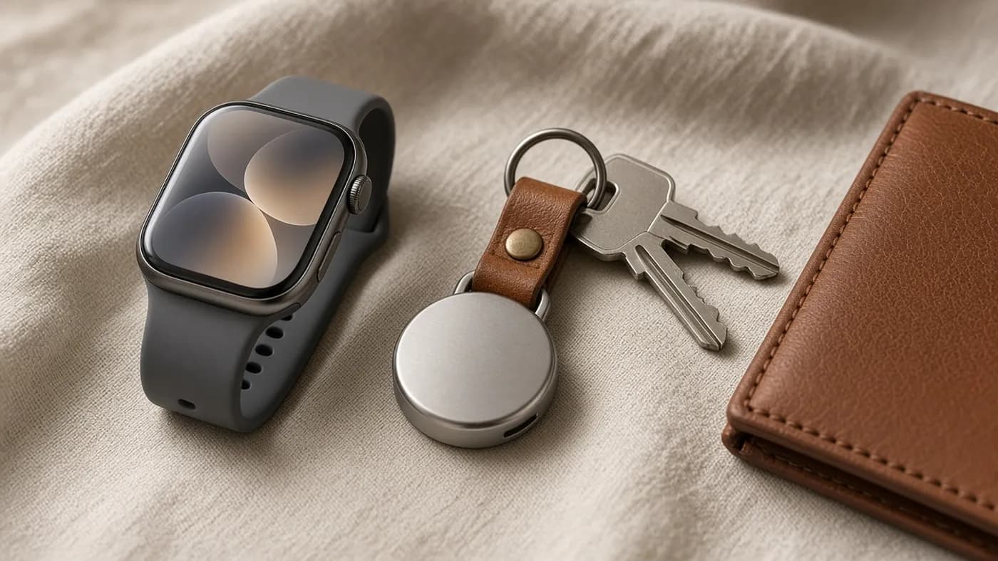 A round smartwatch with a grey band beside a small stainless steel tracker tag on a key ring, house keys and a leather wallet on linen