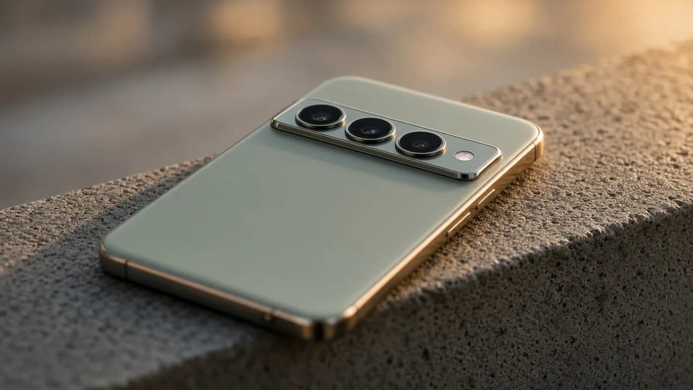 Close-up of a sage green smartphone's glass camera bar with three large lenses, resting on a concrete ledge at golden hour