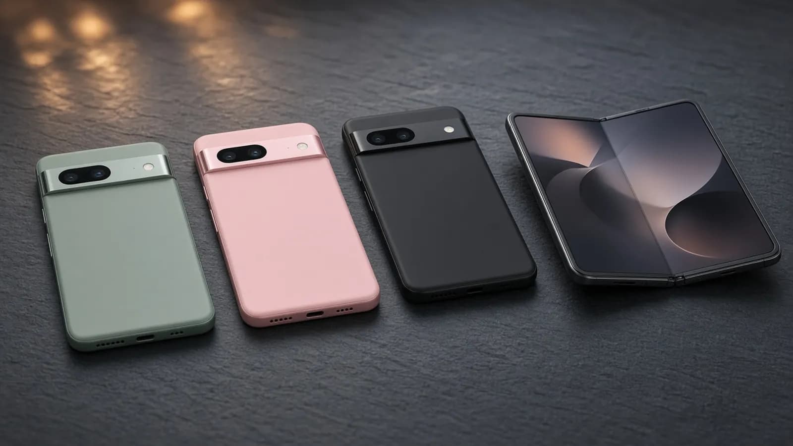 Three unbranded smartphones with horizontal camera bars in green, pink and black beside an opened book-style foldable on a dark slate surface
