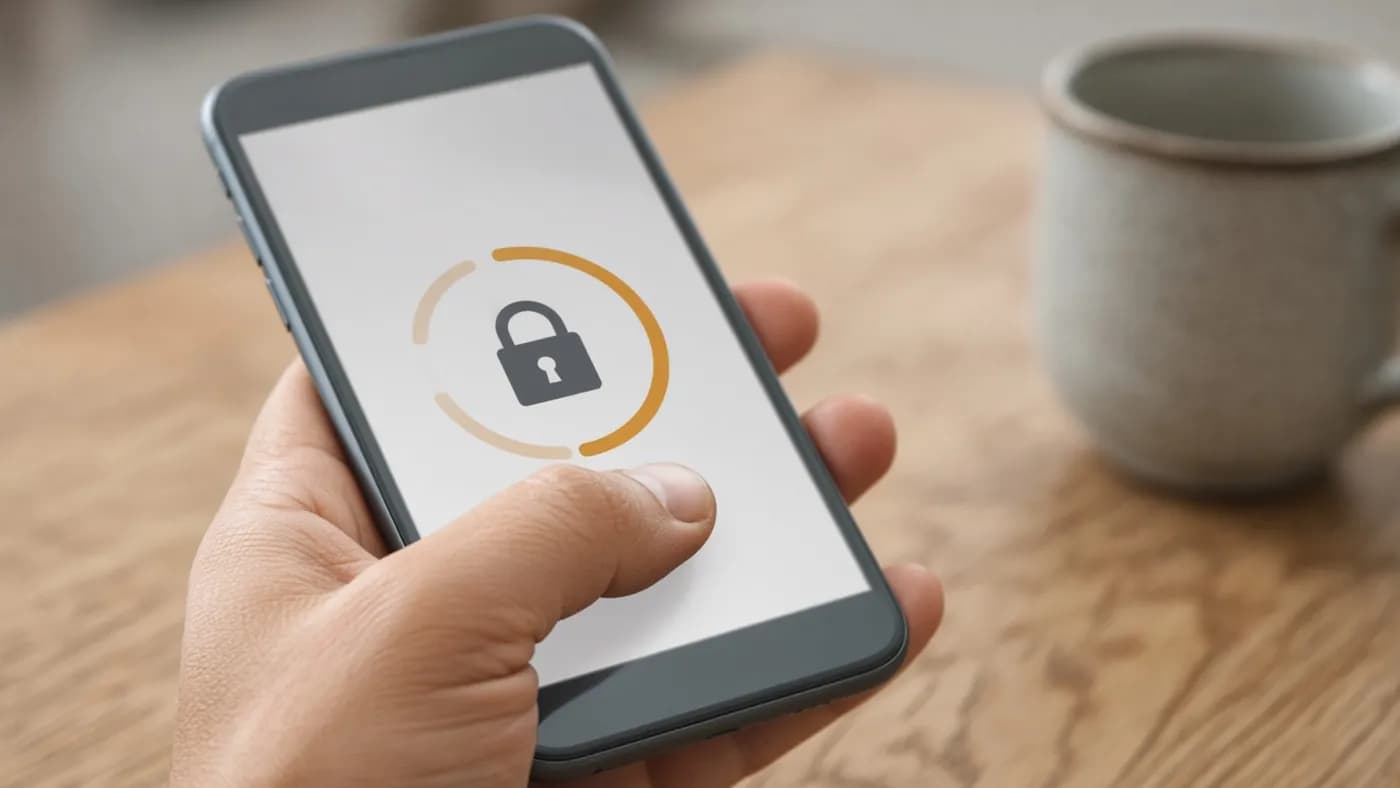 Close-up of a thumb on a smartphone held over a wooden table, the screen showing a padlock icon with an amber progress ring during a biometric unlock