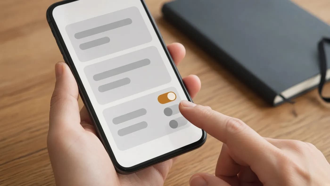 A hand tapping a smartphone settings screen with a list of cards and toggle switches, one toggle switched on in amber
