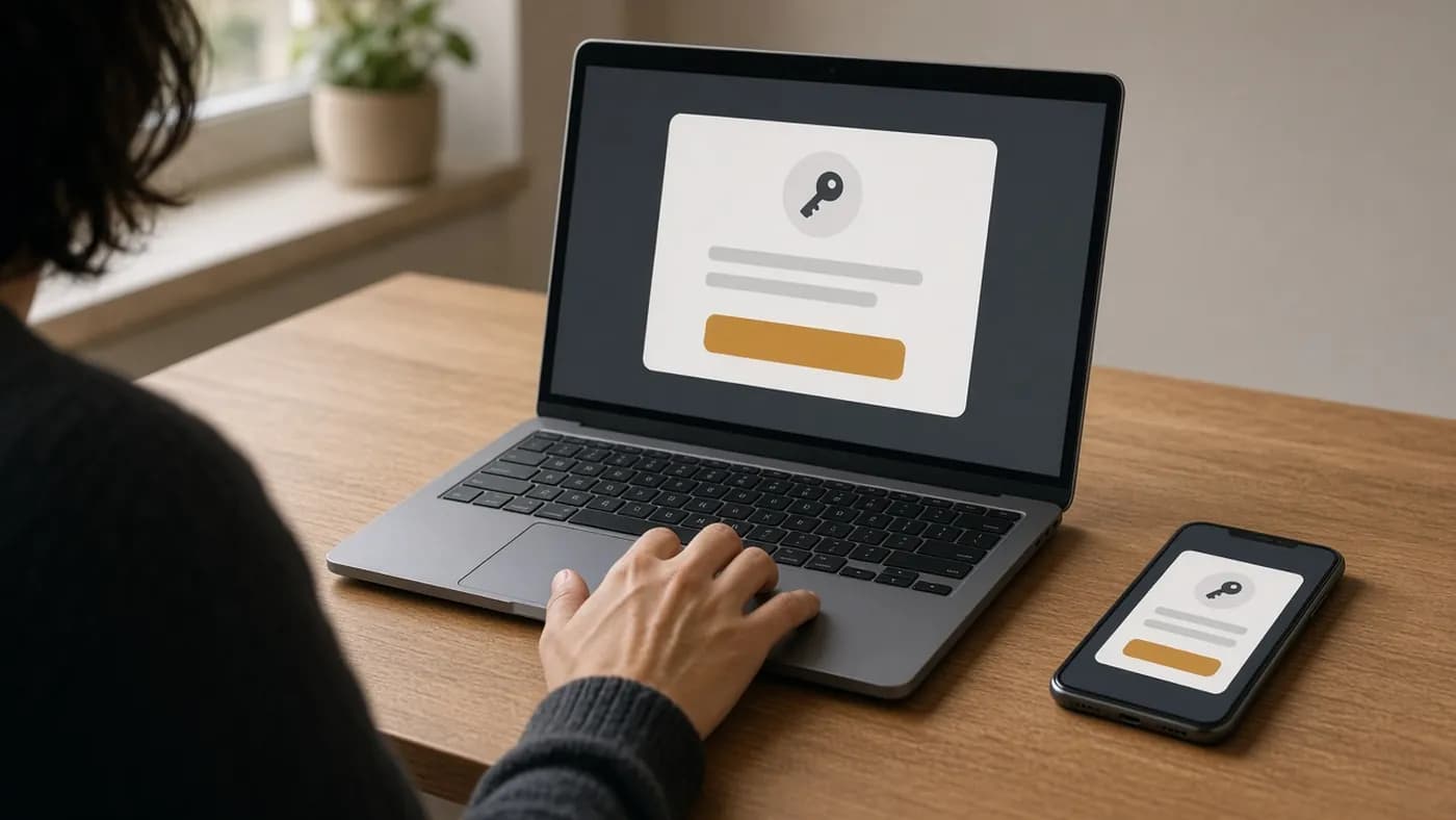 Over-the-shoulder view of a person at a laptop showing a sign-in card with a key icon and an amber button, with a phone beside it showing a matching confirmation card