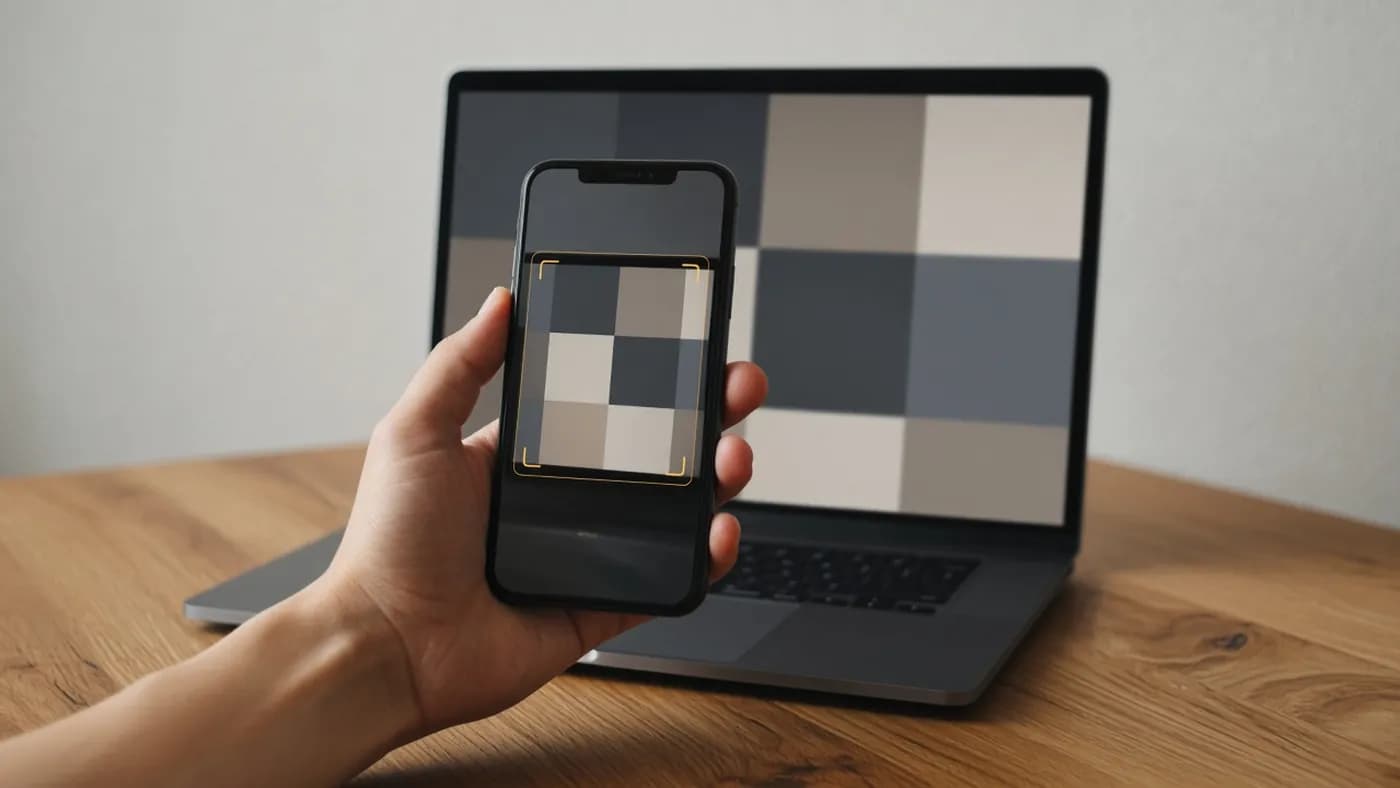A hand holding a smartphone up to a laptop screen, the phone camera framing an abstract square pattern with an amber scanning frame