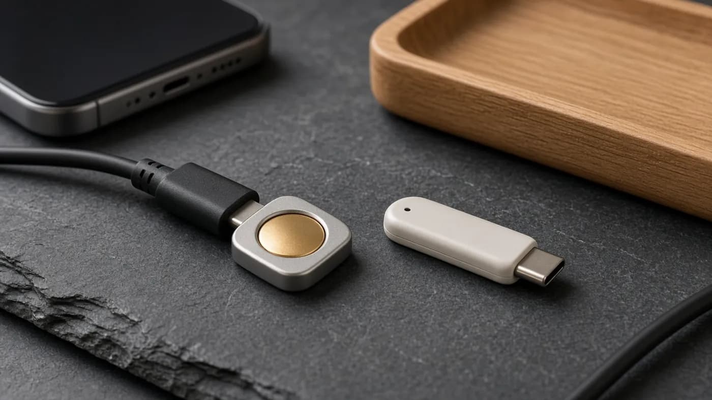 Two hardware security keys, one with a gold touch disc attached to a USB-C cable and one slim white USB-C key, on a slate surface beside a phone and wooden tray