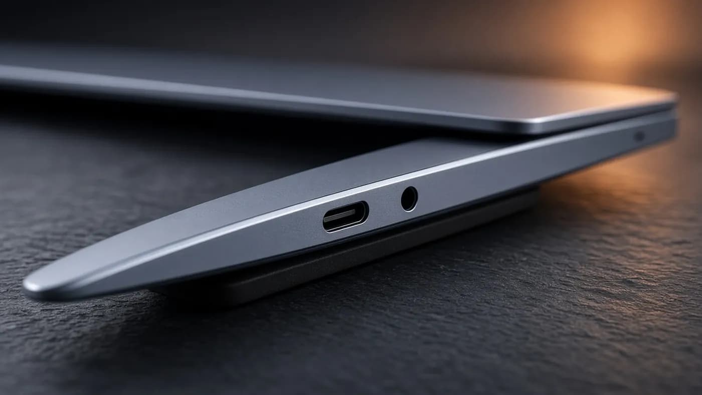 Close-up of a thin blue-gray aluminum laptop edge showing a polished chamfer, a USB-C port, and a headphone jack