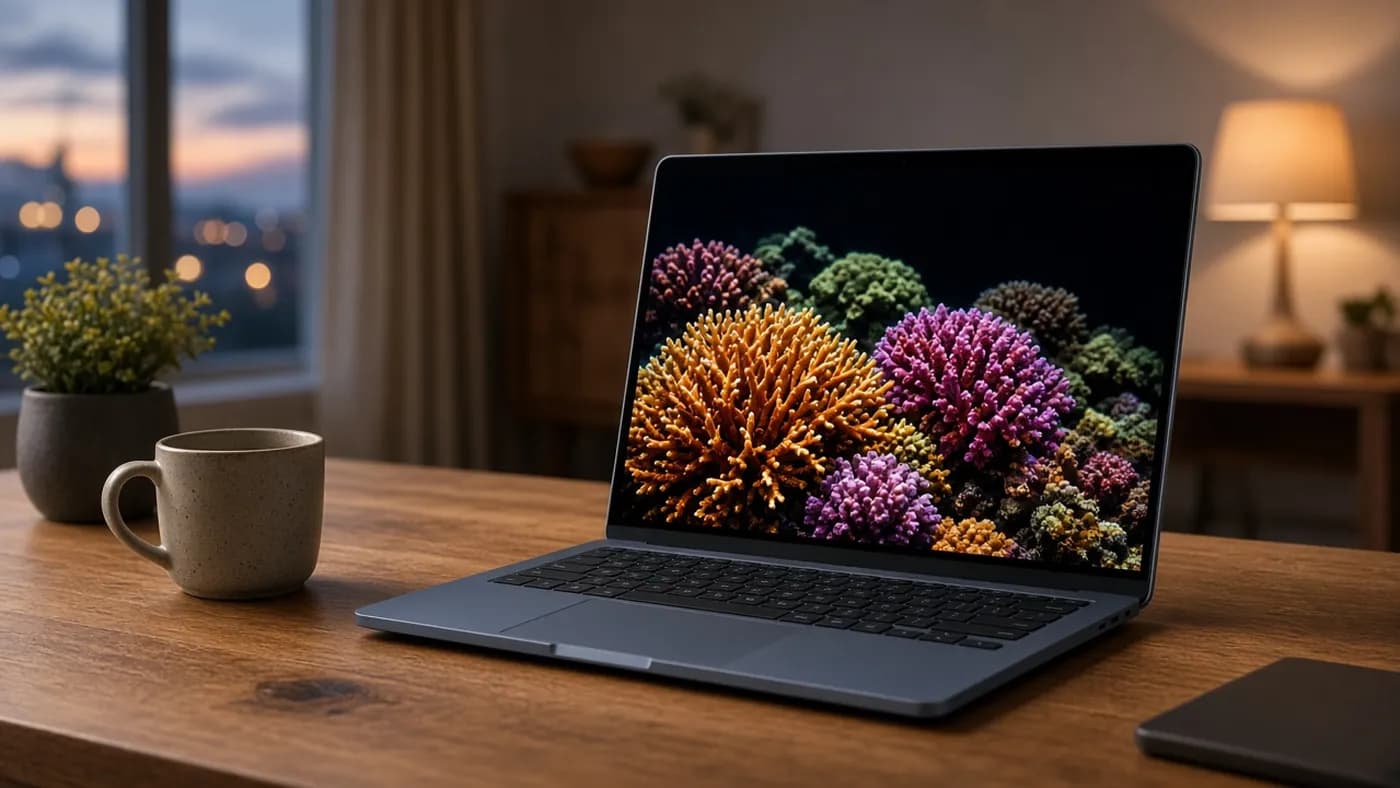 A blue-gray laptop on a wooden desk at dusk, its OLED screen showing a vivid coral reef photo against deep black
