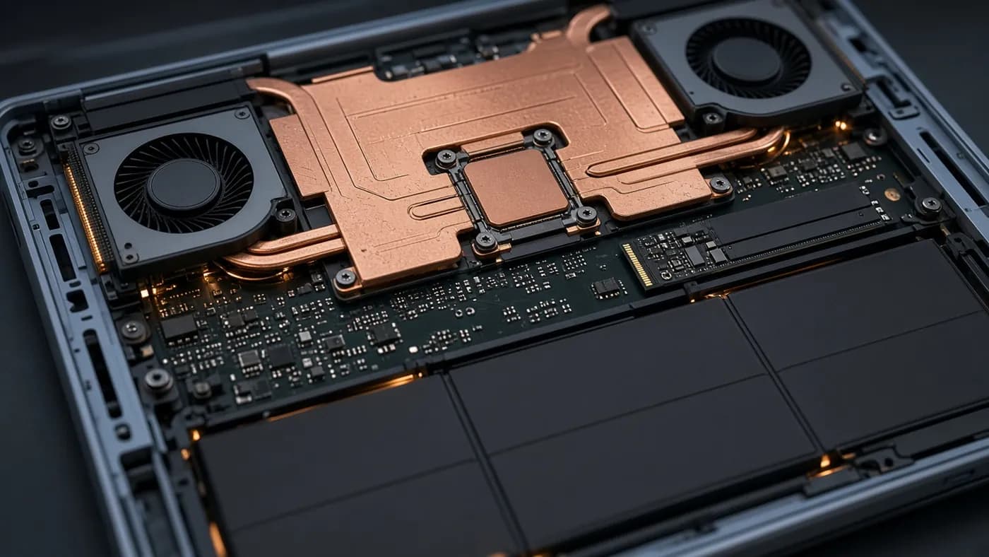 Concept view of thin laptop internals with a copper vapor chamber, twin slim fans, an M.2 SSD, and a large battery