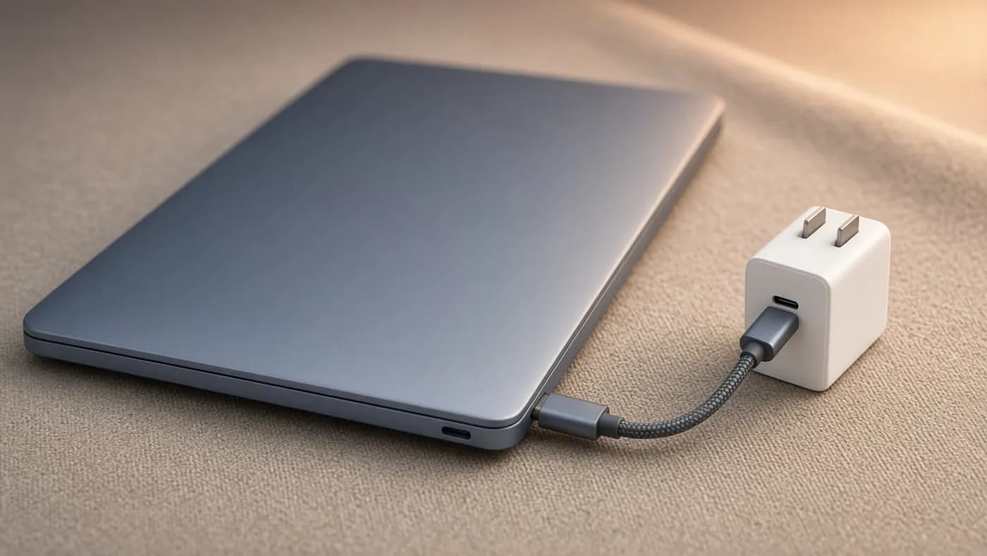 A compact white USB-C GaN charger with a braided cable plugged into the side of a closed blue-gray laptop