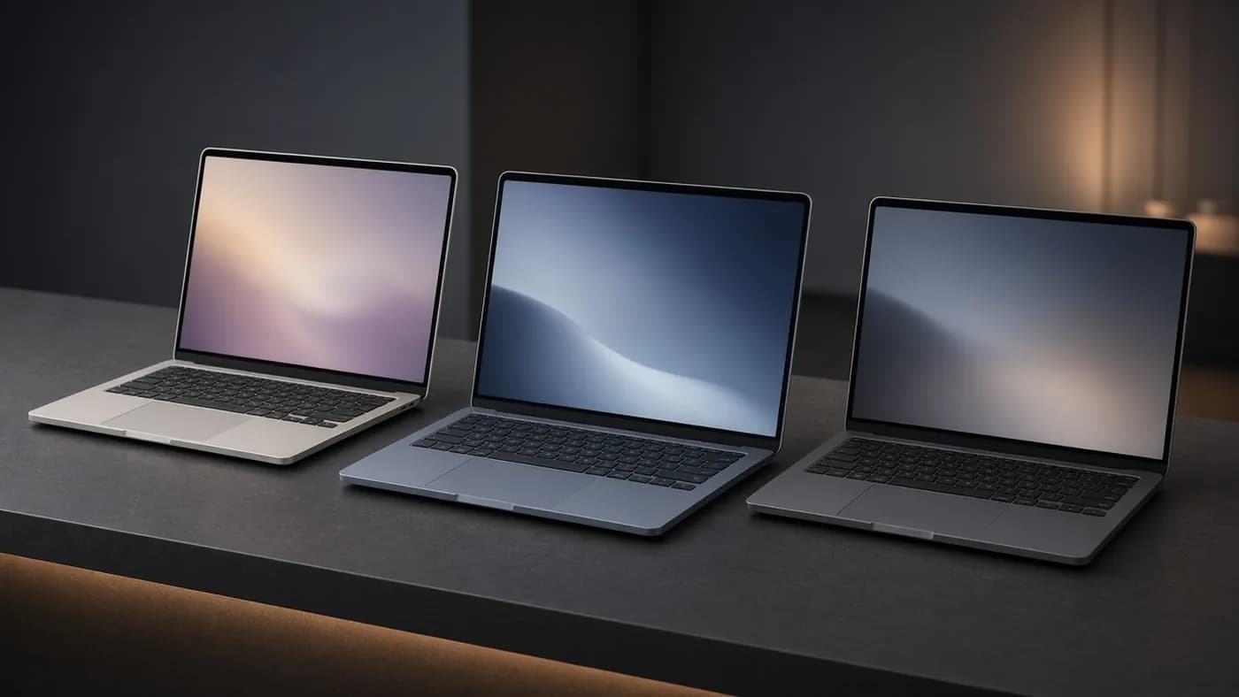 Three premium thin laptops side by side on a charcoal table, a blue-gray model in the center flanked by silver and graphite rivals
