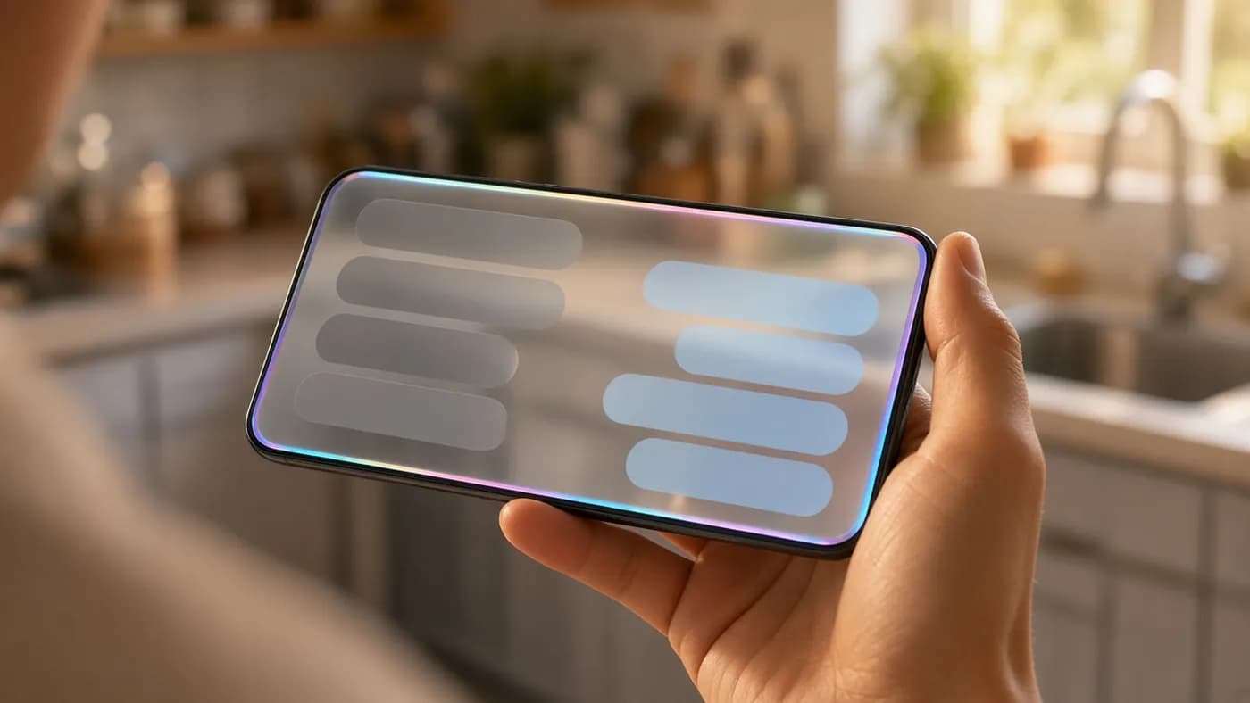 A hand holding a smartphone in a kitchen with abstract chat bubbles on screen and a glowing edge light